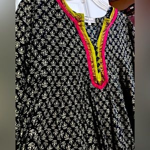 Long flared dress, ethnic, global wear, 3/4 sleeve, lovely block print, cotton.